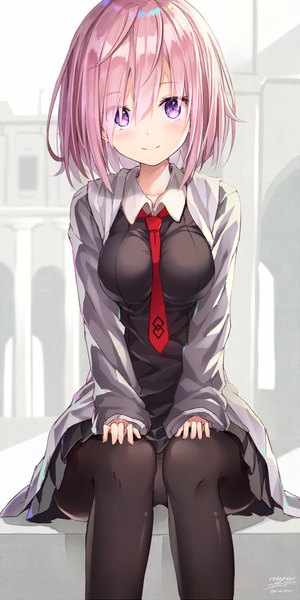 Anime picture 619x1236 with fate (series) fate/grand order mash kyrielight rin yuu single tall image looking at viewer blush fringe short hair breasts light erotic hair between eyes large breasts sitting purple eyes signed pink hair head tilt light smile