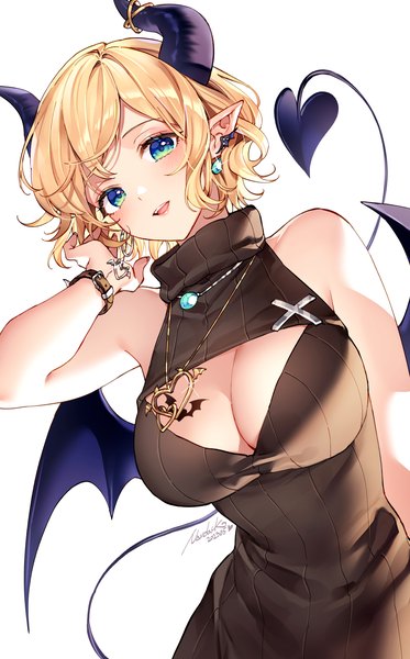 Anime picture 1193x1920 with virtual youtuber hololive yuzuki choco yuzuki choco (6th costume) nardack single tall image looking at viewer blush fringe short hair breasts open mouth blue eyes light erotic simple background blonde hair smile large breasts standing