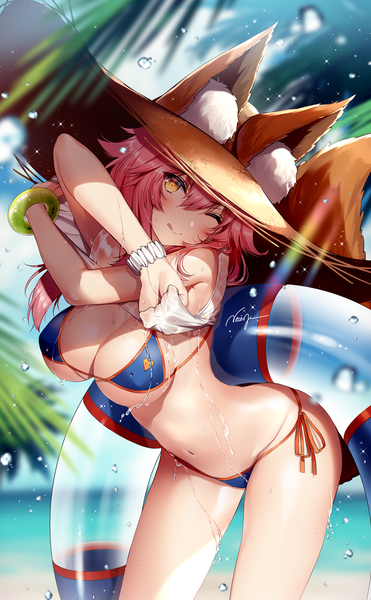 Anime picture 800x1292 with fate (series) fate/grand order tamamo (fate) (all) tamamo no mae (swimsuit lancer) (fate) necomi (gussan) single long hair tall image looking at viewer blush fringe breasts light erotic smile hair between eyes standing signed animal ears yellow eyes pink hair
