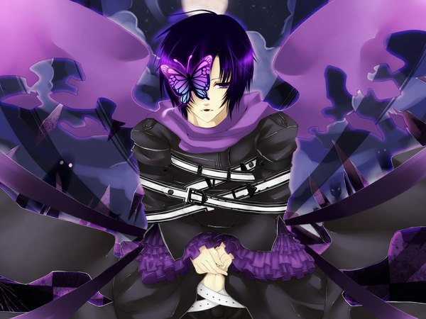 Anime picture 1024x768 with vocaloid taito (vocaloid) single short hair open mouth purple eyes purple hair cosplay bondage ghost boy belt insect butterfly moon