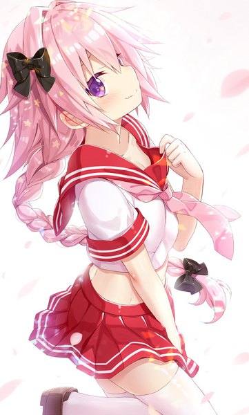 Anime picture 602x1000 with fate (series) fate/apocrypha astolfo (fate) yano mitsuki single long hair tall image looking at viewer fringe simple background smile hair between eyes white background purple eyes pink hair braid (braids) profile pleated skirt midriff zettai ryouiki