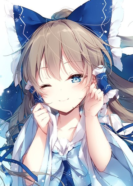 Anime picture 579x810 with touhou hakurei reimu mochizuki shiina single long hair tall image looking at viewer blush blue eyes smile brown hair upper body one eye closed half updo alternate color girl bow hair bow hair tubes