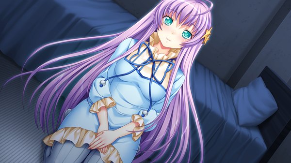 Anime picture 1024x576 with papa love 2kenme long hair wide image green eyes game cg purple hair girl dress hair ornament bed