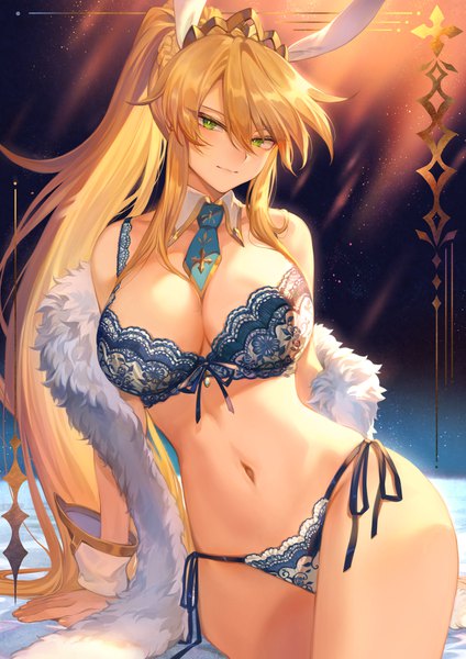 Anime picture 1302x1842 with fate (series) fate/grand order artoria pendragon (all) artoria pendragon (swimsuit ruler) (fate) mashuu (neko no oyashiro) single long hair tall image looking at viewer blush fringe breasts light erotic simple background blonde hair hair between eyes large breasts sitting bare shoulders green eyes