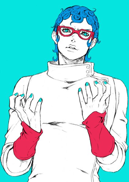 Anime picture 566x800 with jojo no kimyou na bouken ghiaccio chounorin single tall image looking at viewer short hair simple background blue hair nail polish aqua eyes curly hair aqua nail polish aqua background boy glasses wristlet