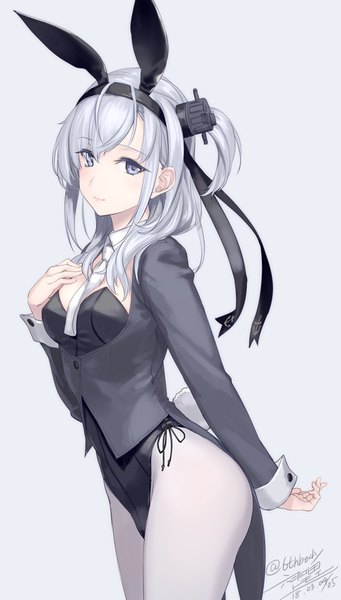 Anime picture 569x1000 with kantai collection suzutsuki (kancolle) rokuwata tomoe single long hair tall image looking at viewer light erotic simple background signed animal ears silver hair tail animal tail grey eyes bunny ears alternate costume twitter username one side up hand on chest