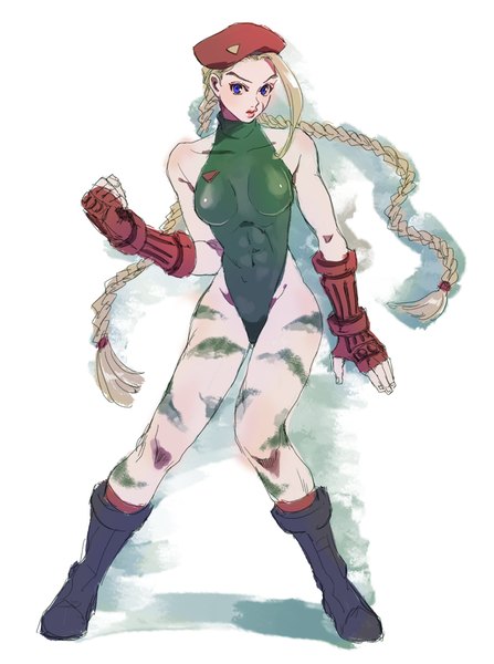 Anime picture 895x1200 with street fighter capcom cammy white halu-ca single long hair tall image looking at viewer blush blue eyes light erotic blonde hair bare shoulders braid (braids) twin braids girl gloves fingerless gloves beret leotard