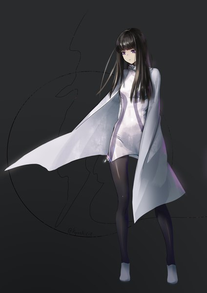 Anime picture 2480x3508 with kamen rider kamen rider zi-o (series) tsukuyomi (zi-o) liyou-ryon single long hair tall image fringe highres black hair simple background standing purple eyes signed full body blunt bangs long sleeves wide sleeves floating hair black background