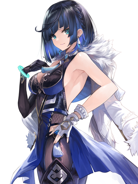 Anime picture 2100x2800 with genshin impact yelan (genshin impact) jazztaki single tall image looking at viewer highres short hair black hair simple background smile standing white background cleavage aqua eyes clothes on shoulders girl gloves earrings bracelet
