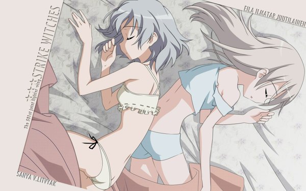 Anime picture 1920x1200 with strike witches sanya v. litvyak eila ilmatar juutilainen highres light erotic wide image sleeping vector underwear bed