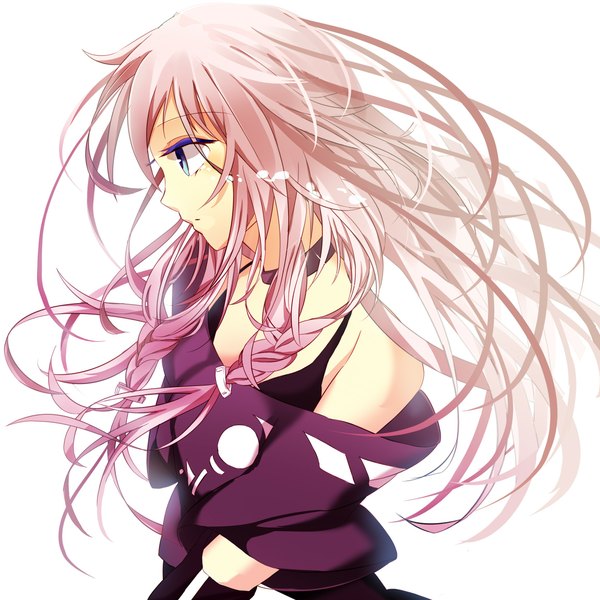 Anime picture 2300x2300 with vocaloid ia (vocaloid) outo (artist) single highres blue eyes simple background blonde hair white background bare shoulders braid (braids) tears girl shirt