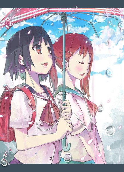 Anime picture 1197x1654 with chanchan tall image blush short hair open mouth black hair red eyes brown hair multiple girls sky eyes closed looking up close-up rain shared umbrella sky print girl 2 girls petals serafuku