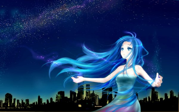 Anime picture 1440x900 with denpa onna to seishun otoko shaft (studio) touwa erio single long hair blue eyes wide image blue hair ahoge night night sky city spread arms girl star (stars)