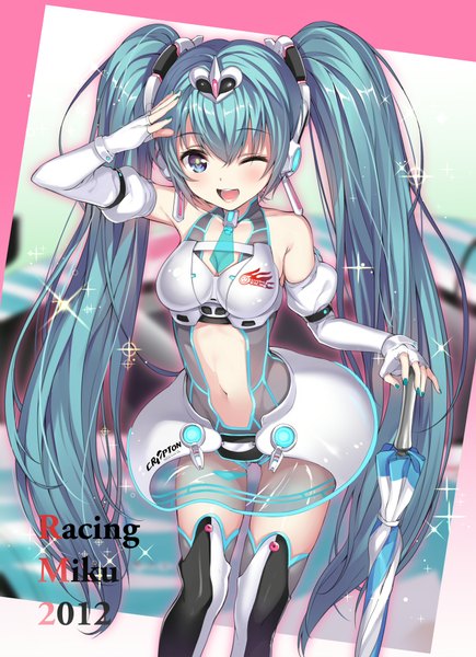 Anime picture 1446x1992 with vocaloid goodsmile racing hatsune miku racing miku senri gan single tall image looking at viewer blush fringe open mouth standing twintails very long hair one eye closed light smile wink character names clothes writing center opening
