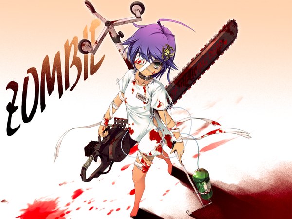Anime picture 1600x1200 with original chima q single short hair white background purple hair flat chest zombie damage girl hair ornament hairclip blood collar bandage (bandages) eyepatch stitches chainsaw intravenous drip