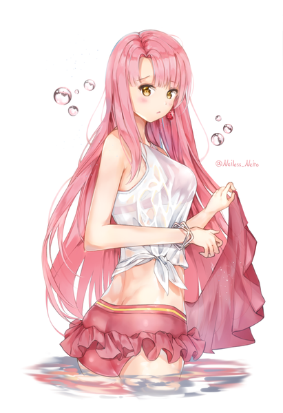 Anime picture 1735x2533 with original neiless neiro single long hair tall image looking at viewer blush fringe highres breasts light erotic simple background standing white background holding signed yellow eyes pink hair ass parted lips