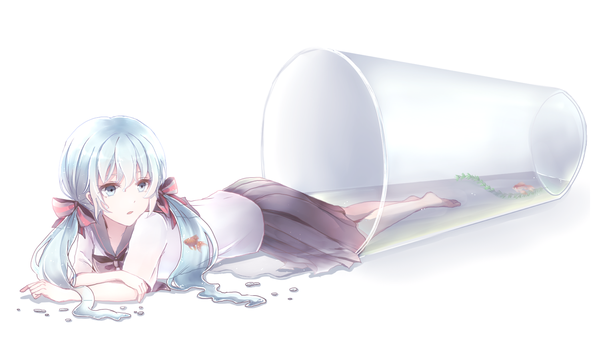 Anime picture 1500x865 with vocaloid hatsune miku bottle miku milky-misa single long hair blue eyes simple background wide image white background twintails aqua hair minigirl liquid hair girl skirt bow hair bow miniskirt water
