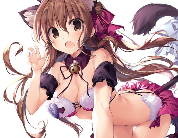 Anime picture 1278x996 with original karory single long hair looking at viewer blush fringe breasts open mouth light erotic simple background hair between eyes brown hair large breasts white background bare shoulders brown eyes animal ears payot tail