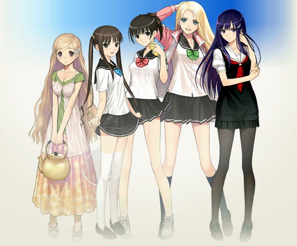 Anime picture 1300x1080 with fault!! saeki ai sugiyama mio date wingfield reiko kamiwazumi maya hayama rika tony taka long hair looking at viewer blush short hair breasts open mouth black hair blonde hair simple background smile brown hair standing twintails