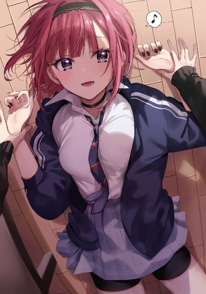 Anime picture 566x808 with shino to ren shirayuki ren chigusa minori tall image looking at viewer blush fringe short hair breasts open mouth smile multiple girls red hair lying blunt bangs long sleeves nail polish :d pleated skirt from above