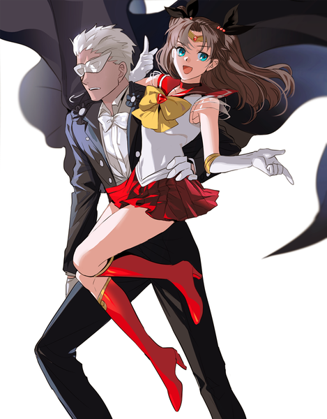 Anime picture 1063x1359 with fate (series) fate/stay night bishoujo senshi sailor moon toei animation toosaka rin archer (fate) 9sui long hair tall image short hair open mouth simple background brown hair white background looking away bent knee (knees) white hair :d pleated skirt aqua eyes