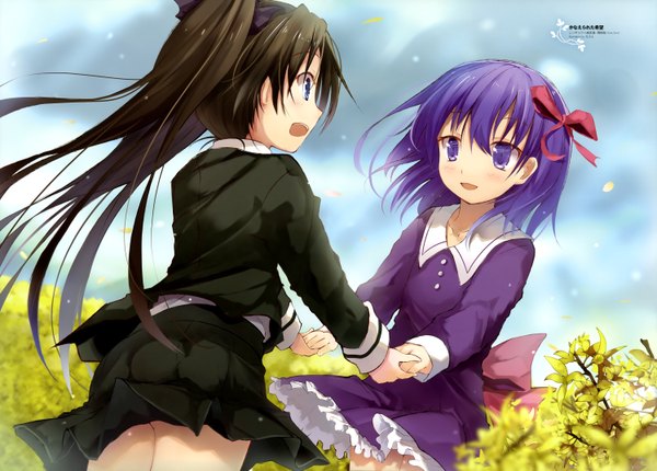 Anime picture 5991x4300 with fate (series) fate/stay night fate/zero type-moon toosaka rin matou sakura long hair blush highres short hair open mouth blue eyes black hair purple eyes twintails multiple girls absurdres purple hair scan girl