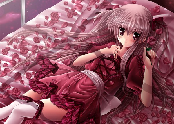 Anime picture 2000x1430 with long hair blush highres pink hair pink eyes girl thighhighs dress rose (roses)