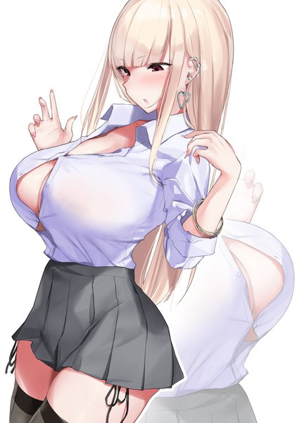 Anime picture 1045x1484 with original nakamura misaki nanae long hair tall image blush fringe breasts open mouth light erotic simple background blonde hair standing white background brown eyes payot blunt bangs fingernails mole zettai ryouiki