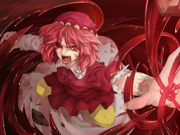 Anime picture 1500x1125 with touhou kawashiro nitori morino hon single red eyes pink hair tears angry girl hat blood