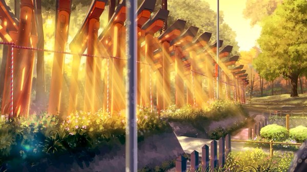 Anime picture 1920x1080 with original niko p highres wide image sky sunlight shadow lens flare evening sunset no people sunbeam scenic plant (plants) tree (trees) grass fence torii road