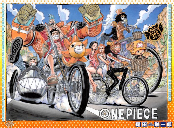 Anime picture 1767x1300 with one piece toei animation nami (one piece) monkey d. luffy nico robin roronoa zoro sanji tony tony chopper usopp franky brook (one piece) oda eiichirou long hair highres short hair breasts open mouth blonde hair smile sitting