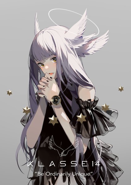 Anime picture 826x1169 with original klasse14 zhibuji loom single long hair tall image looking at viewer blush fringe open mouth simple background standing brown eyes blunt bangs nail polish fingernails grey hair grey background fang (fangs) copyright name