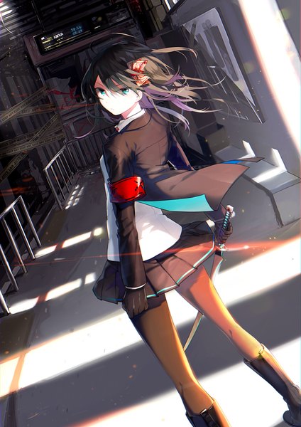 Anime picture 707x1000 with original 249 single long hair tall image fringe blue eyes black hair standing ahoge pleated skirt looking back wind sunlight shadow lens flare serious girl skirt gloves