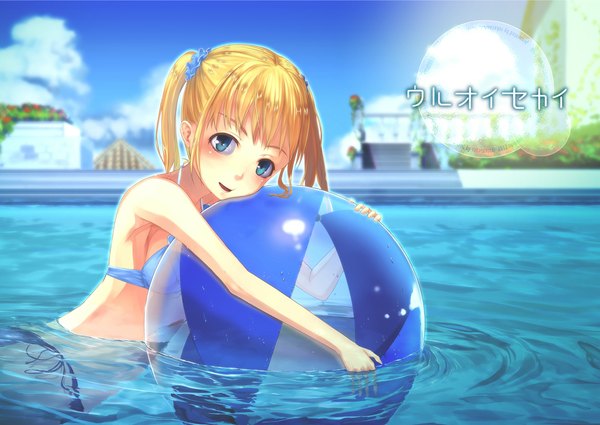 Anime picture 1000x709 with original shacchi single long hair looking at viewer blush blue eyes light erotic blonde hair twintails girl swimsuit bikini water ball pool beachball
