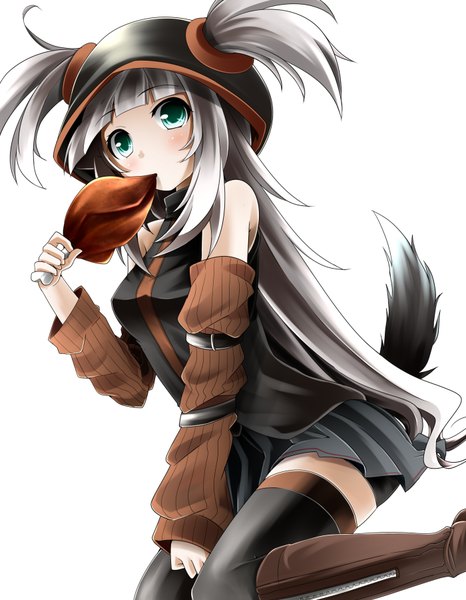 Anime picture 2800x3600 with original koshi-kun (artist) long hair tall image highres simple background white background green eyes animal ears animal tail grey hair eating girl thighhighs black thighhighs hat detached sleeves meat