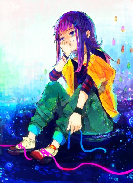 Anime picture 2550x3509 with original sono (pixiv) tall image highres sitting purple hair tears multicolored eyes hair ornament hairclip pants water drop clock sneakers wristwatch