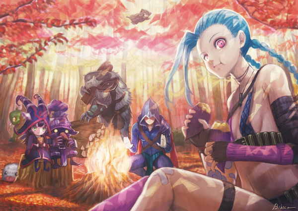 Anime picture 1920x1365 with league of legends jinx (league of legends) lulu (league of legends) poro (league of legends) amumu (league of legends) veigar (league of legends) talon (league of legends) kennen (league of legends) volibear (league of legends) bibico bibiko long hair looking at viewer highres multiple girls green eyes yellow eyes pink eyes eating autumn
