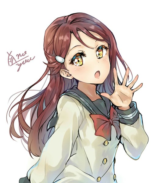 Anime picture 1769x2100 with love live! sunshine!! sunrise (studio) love live! sakurauchi riko takenoko no you single long hair tall image looking at viewer highres open mouth simple background white background yellow eyes upper body red hair girl uniform hair ornament bow