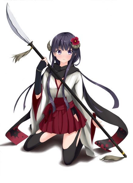 Anime picture 2550x3510 with inu x boku ss david production shirakiin ririchiyo single long hair tall image blush highres black hair simple background white background purple eyes traditional clothes japanese clothes hair flower horn (horns) nontraditional miko girl thighhighs skirt