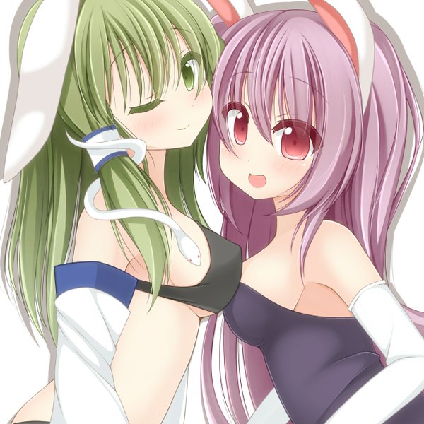 Anime picture 1260x1260 with touhou kochiya sanae reisen udongein inaba chimunge long hair blush open mouth light erotic simple background red eyes white background multiple girls green eyes purple hair one eye closed green hair wink bunny ears girl gloves