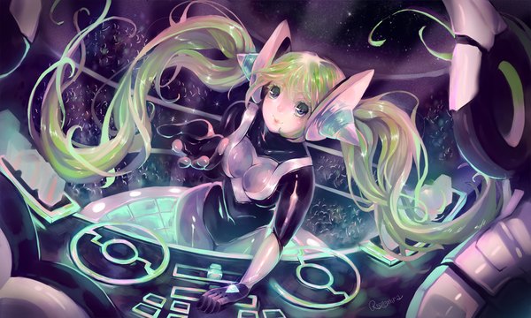 Anime-Bild 2000x1200 mit league of legends sona buvelle rozemira single long hair looking at viewer blush highres breasts light erotic smile wide image twintails signed green hair from above multicolored eyes dj girl headphones