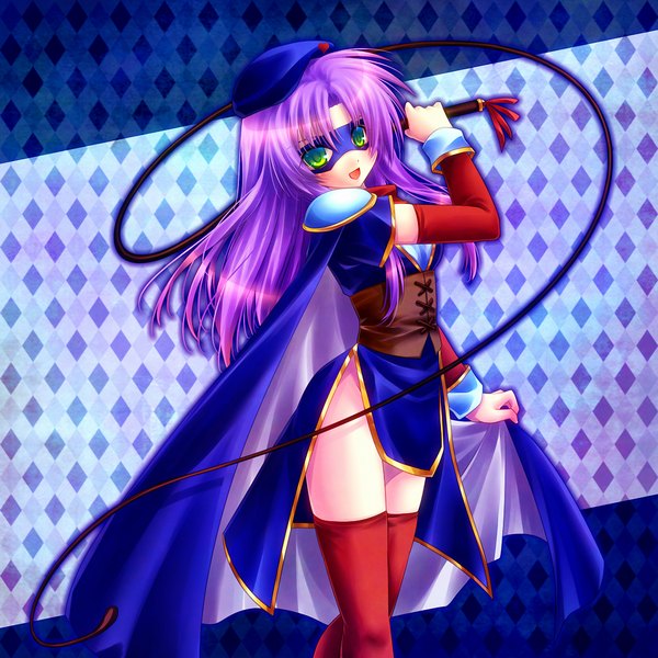 Anime picture 1024x1024 with final fantasy square enix faris scherwiz minatosaiga (artist) single long hair open mouth green eyes pink hair rhombus girl thighhighs detached sleeves cloak mask whip