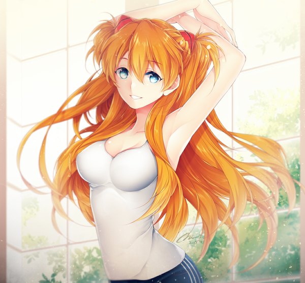 Anime picture 1082x1005 with neon genesis evangelion rebuild of evangelion evangelion: 2.0 you can (not) advance gainax soryu asuka langley shikinami asuka langley mirunai single long hair looking at viewer breasts blue eyes orange hair armpit (armpits) arms behind head girl hair ornament window