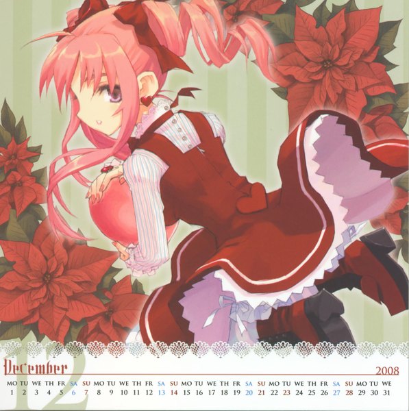 Anime picture 2722x2737 with original lolita style calendar 2008-2009 konoe ototsugu single long hair tall image highres twintails pink hair nail polish profile pink eyes looking back from behind striped jumping pink nail polish striped background 2008 calendar 2008