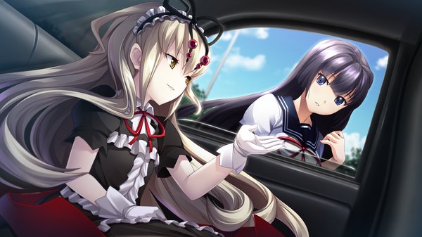 Anime picture 1280x720 with izuna zanshinken (game) long hair blue eyes blonde hair wide image multiple girls yellow eyes game cg purple hair loli car interior girl dress 2 girls serafuku ground vehicle car