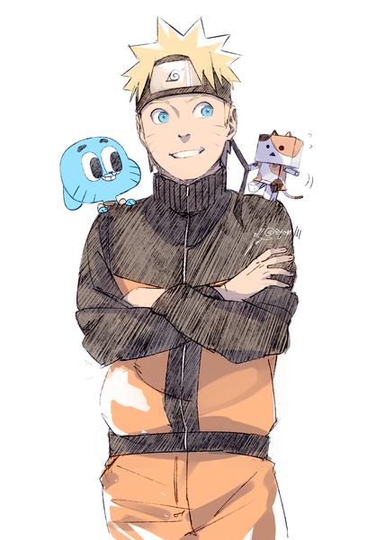 Anime picture 1017x1494 with naruto the amazing world of gumball studio pierrot naruto (series) uzumaki naruto gumball watterson zifletts tall image short hair blue eyes simple background blonde hair white background facial mark crossed arms whisker markings crossover jinchuriki boy forehead protector