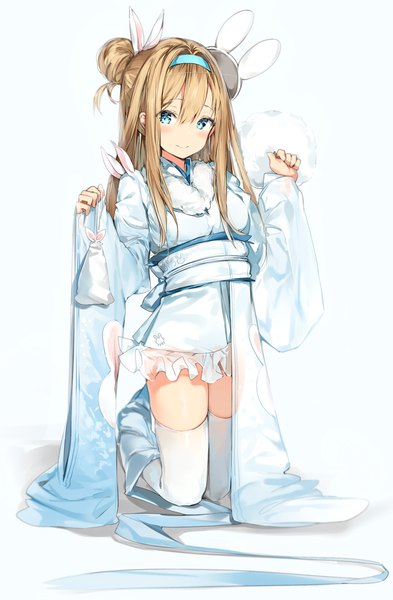 Anime picture 1900x2900 with girls frontline suomi kp31 (girls frontline) silver (chenwen) single long hair tall image looking at viewer blush fringe highres blue eyes simple background blonde hair hair between eyes white background holding payot full body traditional clothes japanese clothes