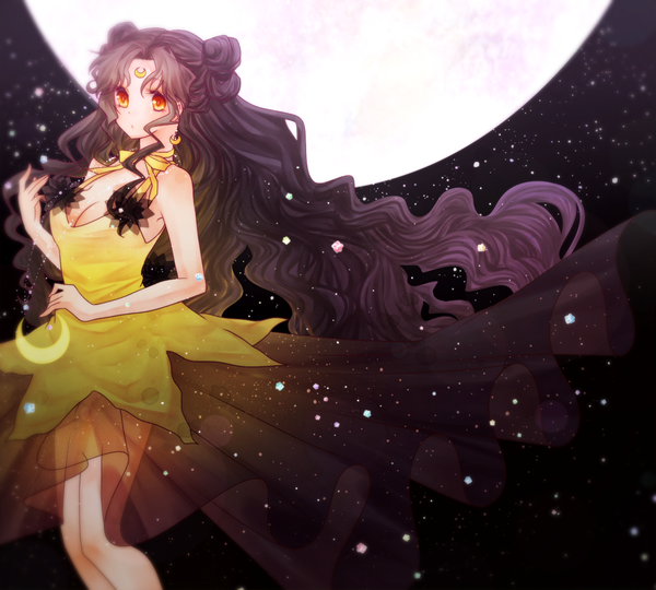 Anime picture 1000x900 with bishoujo senshi sailor moon toei animation luna (sailor moon) luna (sailor moon) (human) icehs single long hair black hair red eyes bare shoulders dark background crescent girl dress yellow dress