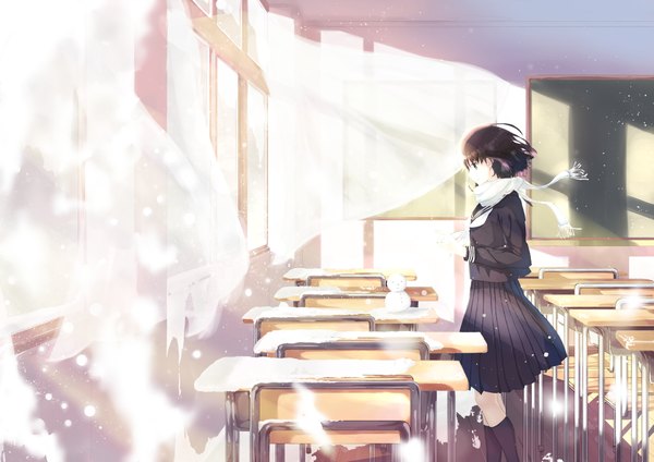 Anime picture 4093x2894 with original okaki wtvc3785 single highres short hair smile brown hair standing looking away absurdres indoors profile pleated skirt wind sunlight grey eyes snowing winter snow classroom