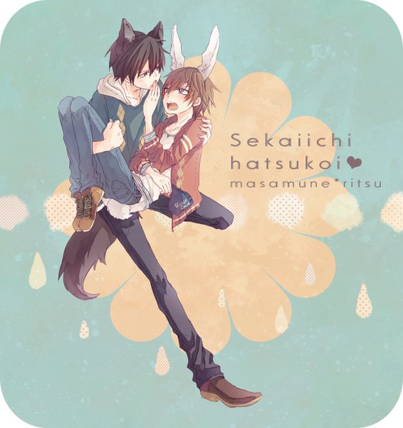 Anime picture 1234x1310 with sekaiichi hatsukoi takano masamune onodera ritsu mebae (1o2o) tall image blush short hair open mouth black hair simple background brown hair holding green eyes black eyes open clothes open jacket multiple boys bunny ears couple hug